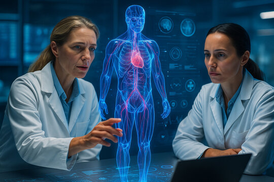 AI generated female doctors studying digital hologram of human body with health data in futuristic medical lab symbolizing innovation precision collaboration and advanced healthcare technology