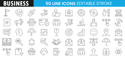 Business line icon set. Containing finance, office, banking, teamwork, growth, money, management, investment, communication, success, security and more. Editable stroke vector icons collection.
