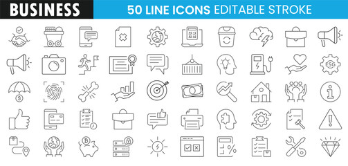 Business line icon set. Containing finance, office, teamwork, communication, growth, money, target, management, security, innovation, success and more. Editable stroke vector icons collection.