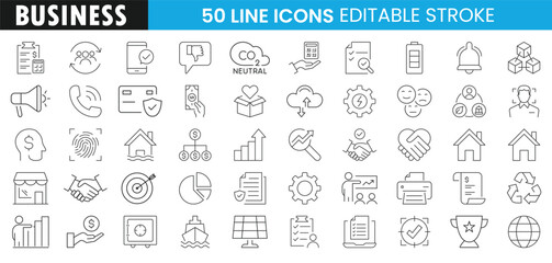Business line icon set. Containing communication, office, teamwork, growth, finance, security, data, target, management, success, innovation and more. Editable stroke vector icons collection.