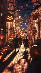 Witches walking down a halloween decorated street at night time