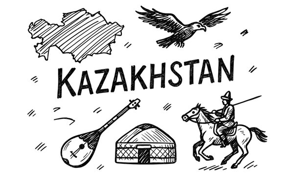 Kazakhstan symbols in sketch style: map, eagle, nomad, yurt, dombra