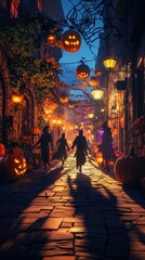 Spooky halloween night scene with people walking down old street