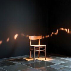 A solitary wooden chair illuminated by soft, natural light against a dark wall