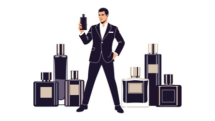 Stylish man in a dark suit holding a perfume bottle surrounded by various luxury fragrance bottles on a white background