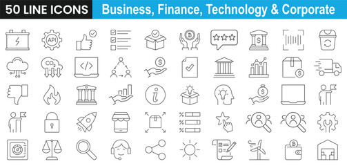Business, finance and technology icon set. Containing banking, money, investment, analytics, coding, teamwork, security, growth, startup, communication and more. Line vector icons collection.