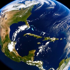 A stunning view of Earth from space, highlighting the continents and oceans. The image showcases a vibrant mix of blue and green, with clouds and landmasses visible
