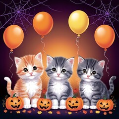 Cute kittens, pumpkins, and balloons create a charming Halloween scene. The pumpkins are grinning, while the balloons add festive colors and patterns. The purple background complements the scene