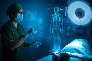 AI generated modern surgeon interacting with virtual hologram in high tech operating room symbolizing future healthcare innovation and precision medical technology
