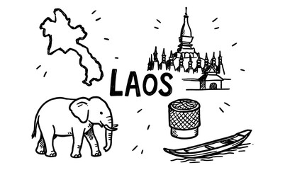 Naklejka premium Laos hand drawn elements: map, elephant, temple, boat, basket