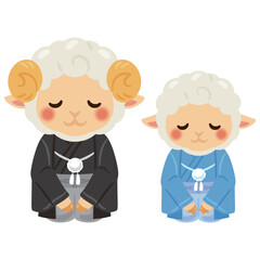 晴れ姿の未年のキャラクター　親子　お辞儀