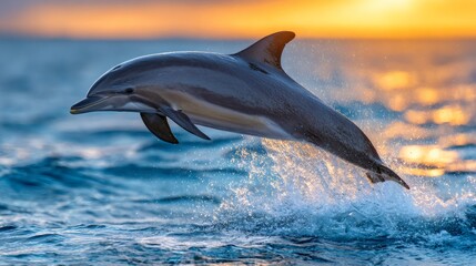 Fototapeta premium Dolphin jumping out of the water at sunset