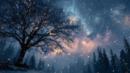 Winter scene with tree silhouettes and glowing snowflake particles in twilight blue setting