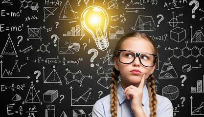 Intelligent young girl with glasses thinking, with a glowing lightbulb over her head against a chalkboard full of equations and symbols. Education, idea, and learning concepts.

