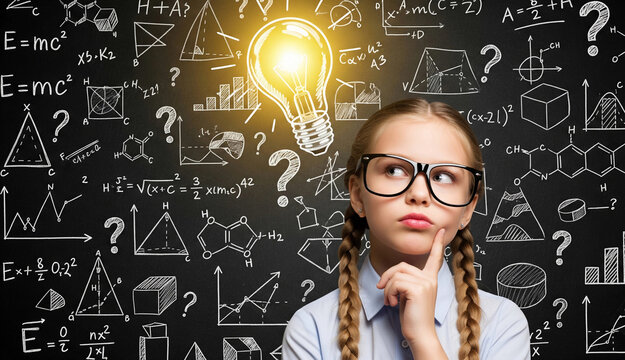 Intelligent young girl with glasses thinking, with a glowing lightbulb over her head against a chalkboard full of equations and symbols. Education, idea, and learning concepts.

 - Powered by Adobe