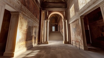 Obraz premium Sunlit interior hallway with ancient frescoes.