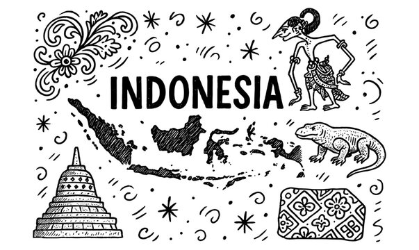 Monochrome indonesia map with cultural symbols and traditional art elements