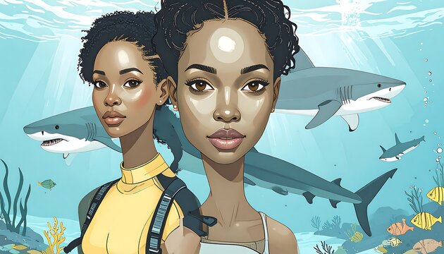 Two young women underwater, surrounded by sharks and fish. Underwater scene, vibrant colors