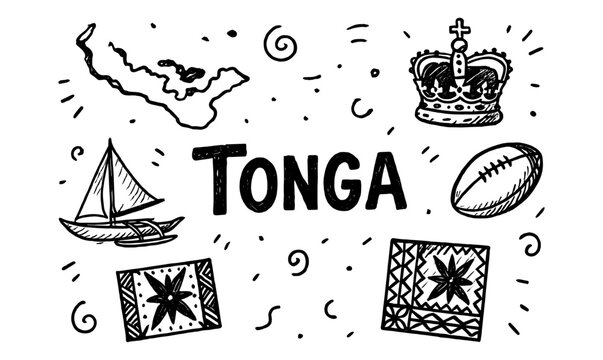 Tonga sketch elements featuring map and cultural icons in doodle style