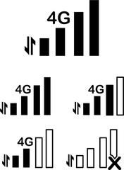 This image showcases a set of black and white icons for a 4G mobile network. The icons feature signal bars of varying strengths, with some showing upload/download arrows, while others are empty. The l