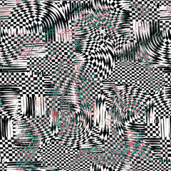 Abstract checkered seamless texture with deformation effect in black and white tones. Modern psychedelic background for interior decor, wallpaper, wall panel, textile, web banner, mobile apps, home