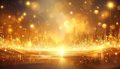 Christmas golden glowing background. Holiday abstract glitter defocused backdrop with blinking tars and garlands. Blurred gold bokeh
