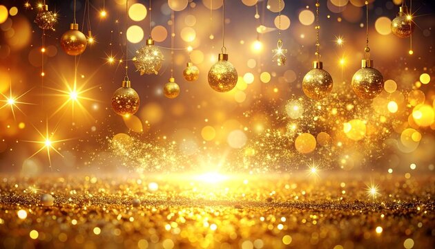 Christmas golden glowing background. Holiday abstract glitter defocused backdrop with blinking tars and garlands. Blurred gold bokeh