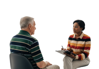 Elderly caucasian man in striped polo and african american woman with clipboard, seated in modern chairs, bright white studio. Professional consultation concept