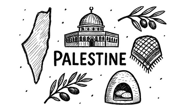 Hand drawn palestine symbols featuring al aqsa mosque and olive branches