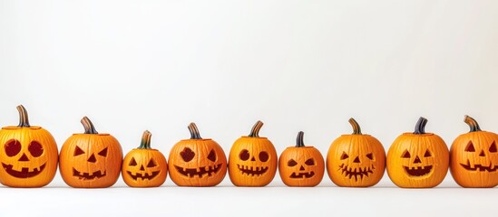 Row of carved pumpkins for halloween on a white background