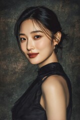 Fototapeta premium Elegant korean actress posing in stylish black dress