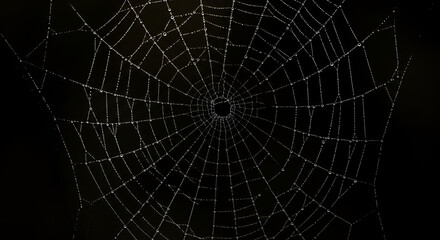 Obraz premium Intricate spiderweb glistening with morning dew against a dark, mysterious backdrop