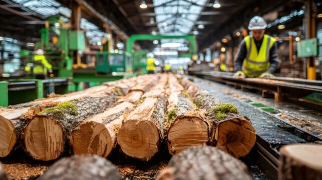 Logs entering wood processing machine in lumber mill with technician working