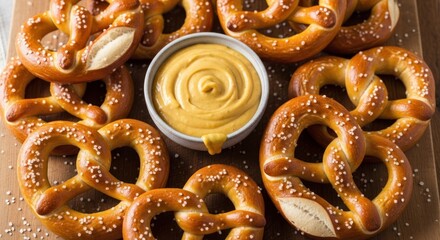 Delicious Pretzels with Mustard Dip - A Savory Snack Delight.