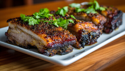 Pork belly on a white plate crispy skin sliced garnished with cilantro Wood table background
