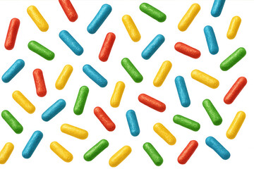 Vibrant sprinkles cascading on transparent surface, generating festive mood for bakery decoration, highlighting culinary creativity with sweet, colorful garnish