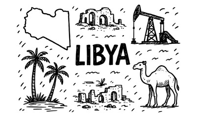 Hand drawn libya icons featuring landmarks, oil rig, and camel