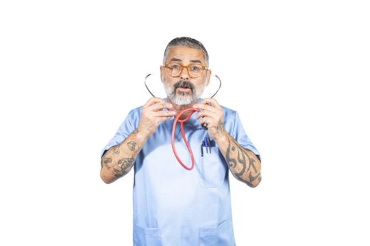 Doctor with tattoos holding a stethoscope on transparent background