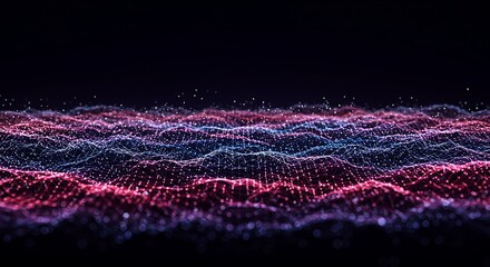 Abstract flowing waves of colorful light particles on a dark background