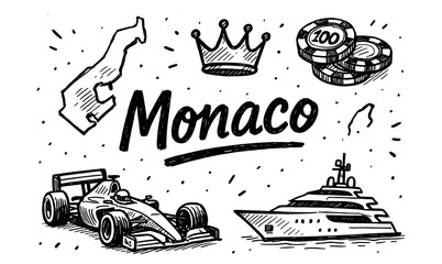 Fototapeta premium Monaco icons: crown, yacht, racecar, map, casino chips in hand-drawn style