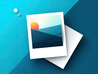 A stylized, flat lay image of a vintage photo print depicting a sunset over layered mountains