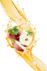 Dynamic apple juice stream with splashes, red organic apple fruit slices, green leaves in bright yellow juicy flow, isolated. Perfect for health drink ads, wellness campaigns, detox, food marketing.