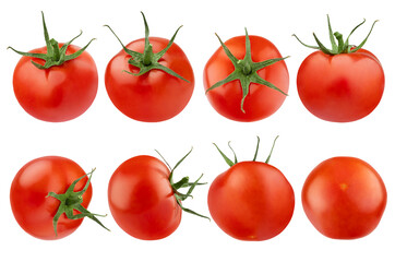 Assortment of ripe tomatoes, round perfect whole displaying rich red color with green stems, isolated 0n white background, studio shot. Great for farm-fresh produce and culinary advertising, design.