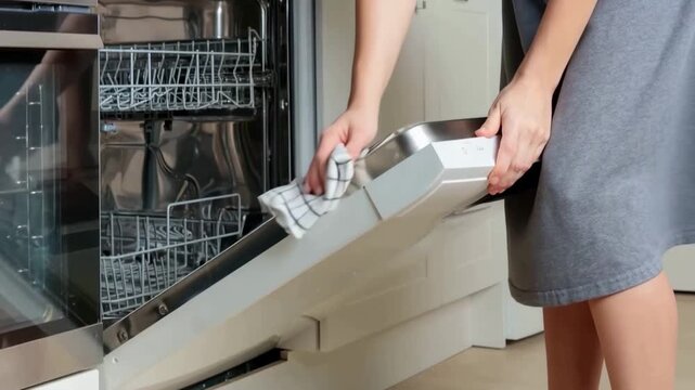 Woman hands cleaning built-in empty dishwasher with its door open with towel or rag. Kitchen with minimalistic white cabinetry at the modern house