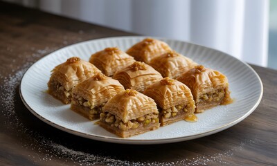 Decadent golden baklava layered with nuts and syrup, a sweet treat for any occasion