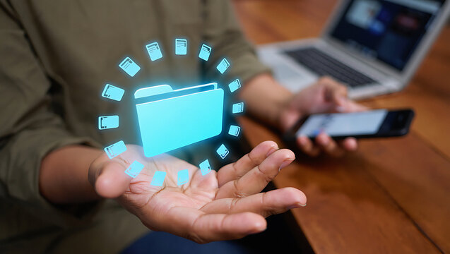 Interactive digital data visualization project using futuristic holographic folder and connected devices