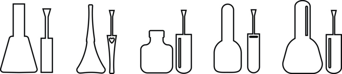 Nail polish bottle and brush icon set, black line and solid silhouette style, beauty cosmetics container group, manicure equipment collection, flat minimal vector illustration design