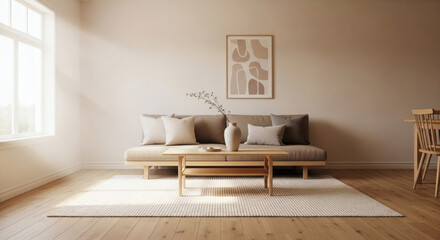 Inviting and Calm Modern Living Room with Scandinavian Design, Bathed in Natural Light, Showcasing a Comfortable Sofa and Elegant Wooden Furniture, Perfect for Relaxation and Contemporary Living