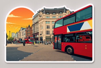Obraz premium A quintessential London street at dusk, featuring a classic red double-decker bus on a busy corner with historic buildings under an orange sky.