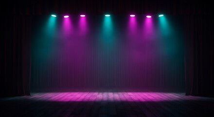 Empty stage with pink and teal spotlights illuminated on wooden floor